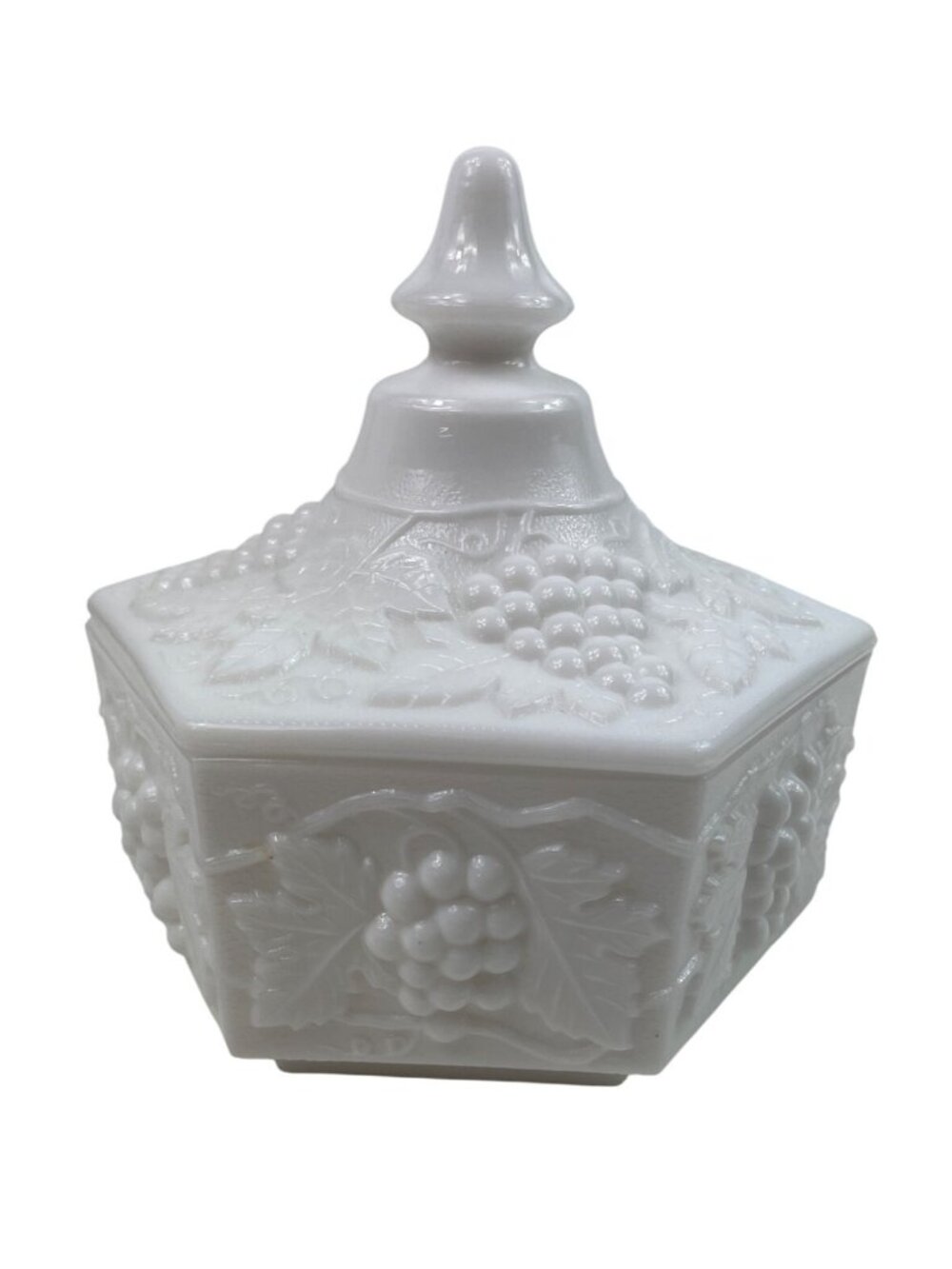 Vintage Imperial Milk Glass 6 Paneled Candy Dish Grapevine Design w/ Lid - Picture 3 of 8